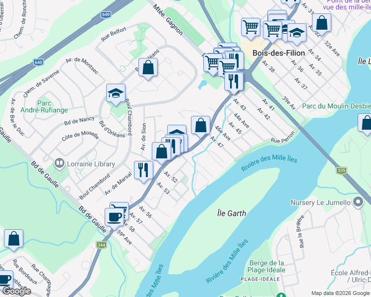 map of restaurants, bars, coffee shops, grocery stores, and more near 75 51e Avenue Nord in Bois-des-Filion