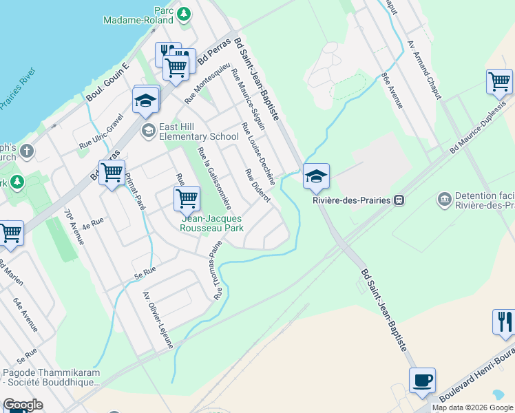 map of restaurants, bars, coffee shops, grocery stores, and more near 10536 Rue Thomas-Paine in Montréal