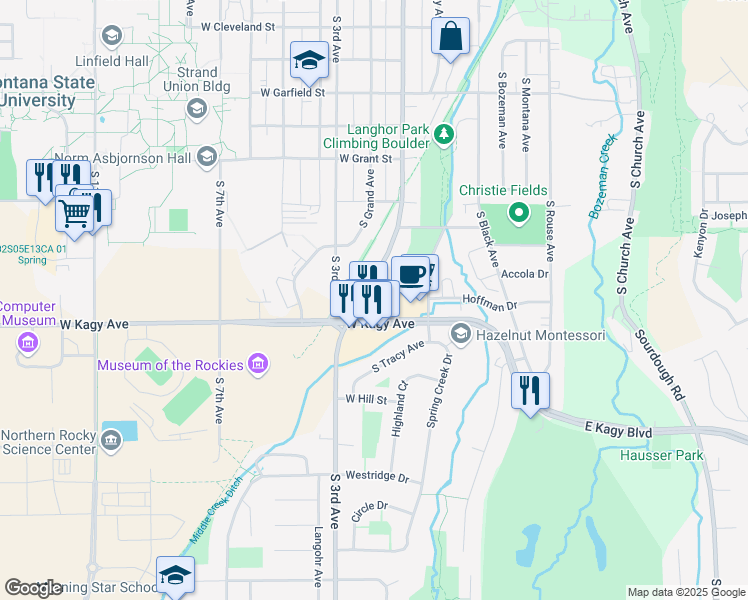 map of restaurants, bars, coffee shops, grocery stores, and more near 1721 S Willson Ave in Bozeman