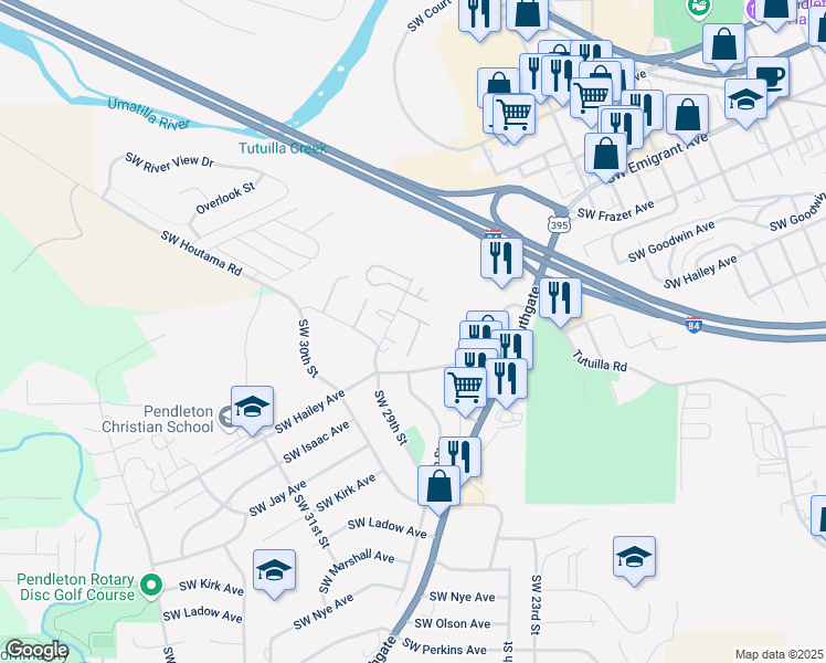 map of restaurants, bars, coffee shops, grocery stores, and more near 52 Southwest Goodwin Avenue in Pendleton