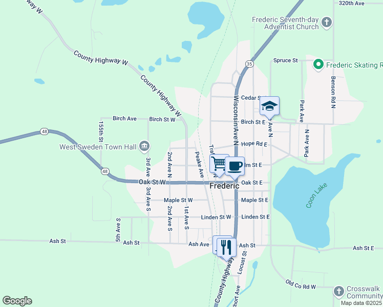 map of restaurants, bars, coffee shops, grocery stores, and more near 408 1st Avenue North in Frederic
