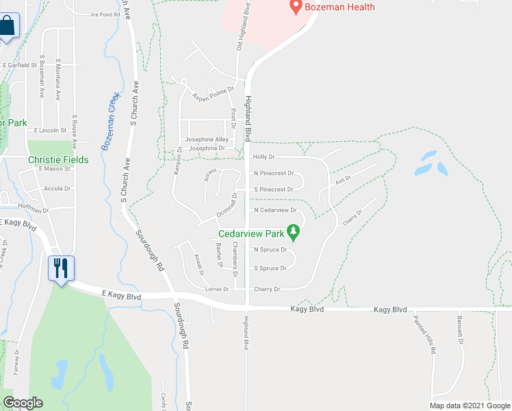 map of restaurants, bars, coffee shops, grocery stores, and more near 1110 South Pinecrest Drive in Bozeman