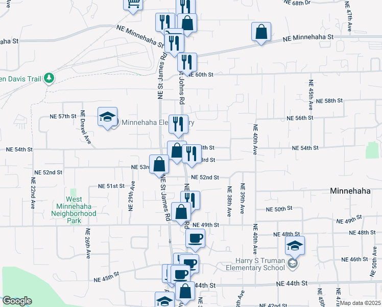 map of restaurants, bars, coffee shops, grocery stores, and more near 3417 Northeast 54th Street in Vancouver