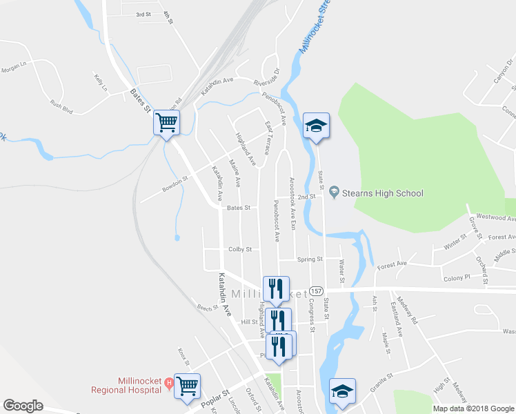 map of restaurants, bars, coffee shops, grocery stores, and more near 1 Bates Street in Millinocket