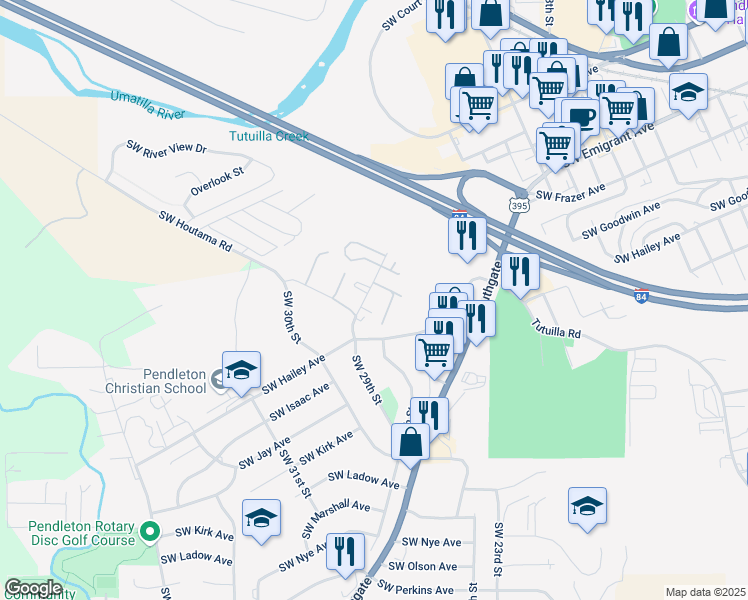 map of restaurants, bars, coffee shops, grocery stores, and more near 52 Southwest Goodwin Avenue in Pendleton