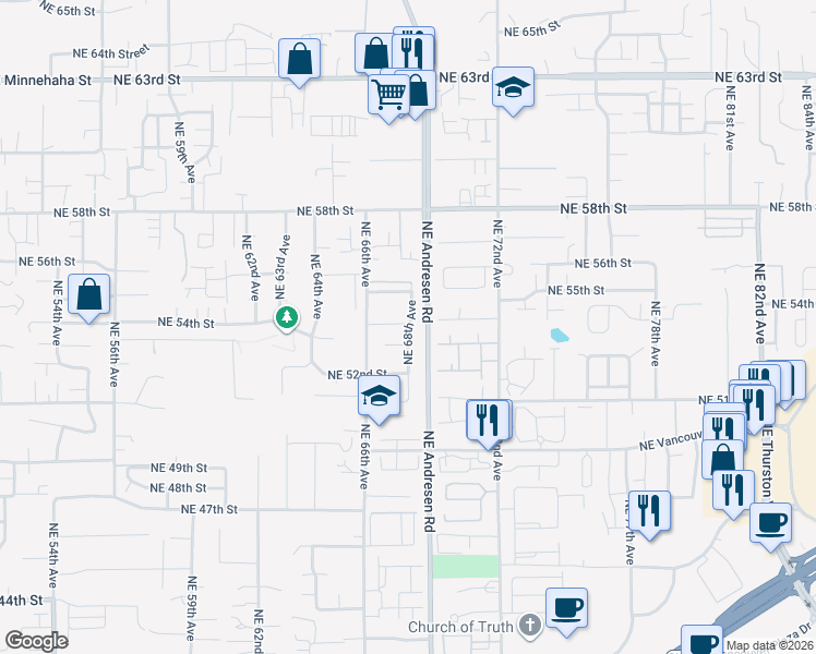 map of restaurants, bars, coffee shops, grocery stores, and more near 5317 Northeast 68th Avenue in Vancouver