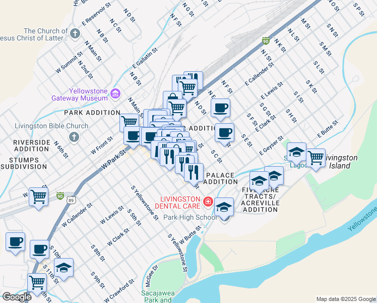 map of restaurants, bars, coffee shops, grocery stores, and more near 132 South B Street in Livingston