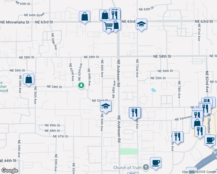 map of restaurants, bars, coffee shops, grocery stores, and more near 5313 Northeast 66th Avenue in Vancouver