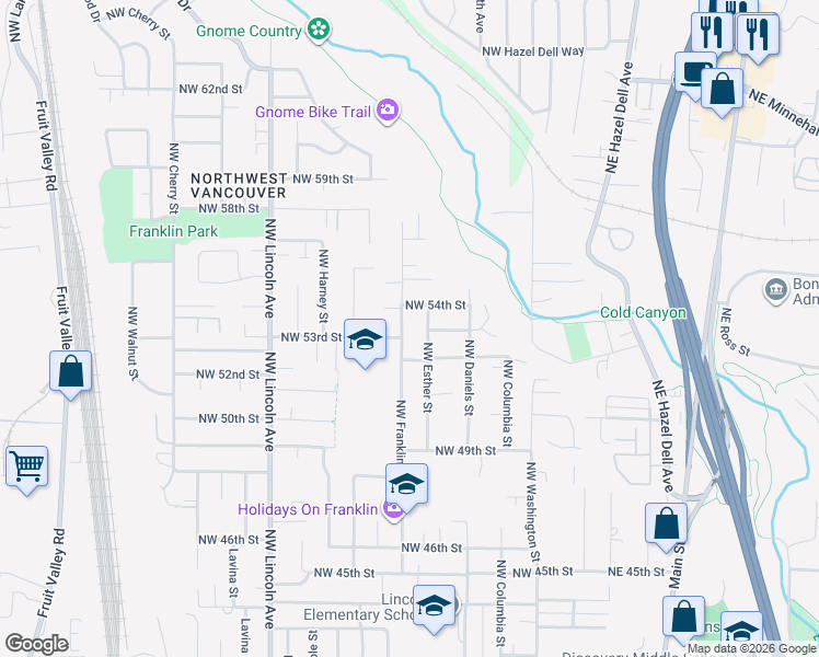 map of restaurants, bars, coffee shops, grocery stores, and more near 5323 Northwest Franklin Street in Vancouver