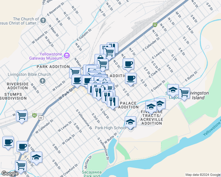 map of restaurants, bars, coffee shops, grocery stores, and more near 132 South B Street in Livingston