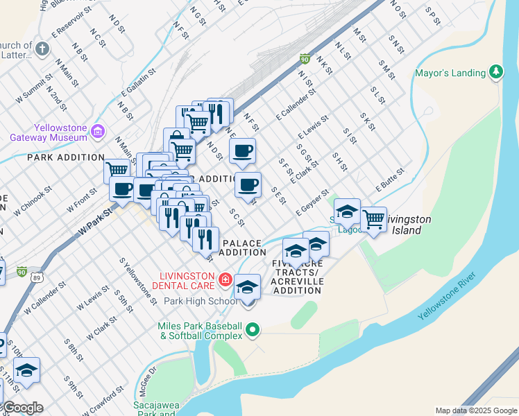 map of restaurants, bars, coffee shops, grocery stores, and more near 227 S D St in Livingston