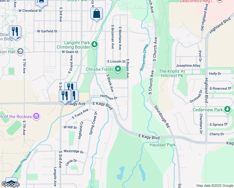 map of restaurants, bars, coffee shops, grocery stores, and more near 1708 South Black Avenue in Bozeman