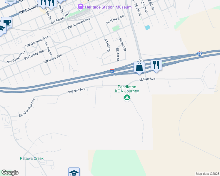 map of restaurants, bars, coffee shops, grocery stores, and more near 52 Southwest Nye Avenue in Pendleton