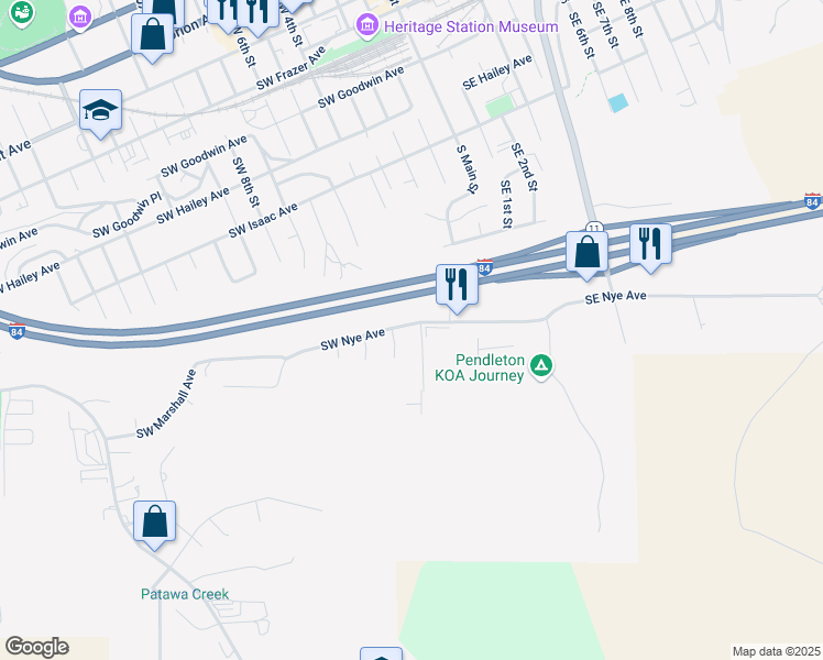 map of restaurants, bars, coffee shops, grocery stores, and more near 201 Southwest Nye Avenue in Pendleton
