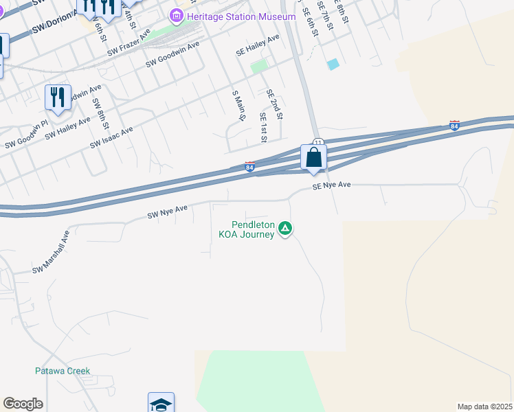 map of restaurants, bars, coffee shops, grocery stores, and more near 52 Southwest Nye Avenue in Pendleton