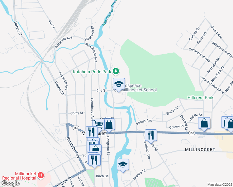 map of restaurants, bars, coffee shops, grocery stores, and more near 199 State Street in Millinocket