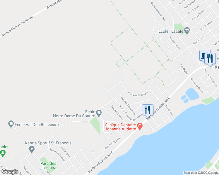 map of restaurants, bars, coffee shops, grocery stores, and more near 8307 Avenue des Trembles in Laval
