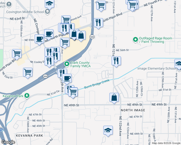 map of restaurants, bars, coffee shops, grocery stores, and more near 5264 Northeast 121st Avenue in Vancouver