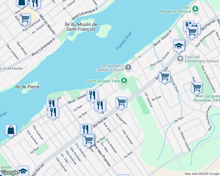 map of restaurants, bars, coffee shops, grocery stores, and more near 9910 Boulevard Gouin Est in Montréal