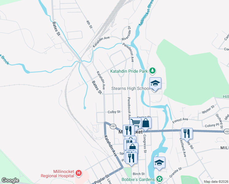 map of restaurants, bars, coffee shops, grocery stores, and more near 154 Maine Avenue in Millinocket