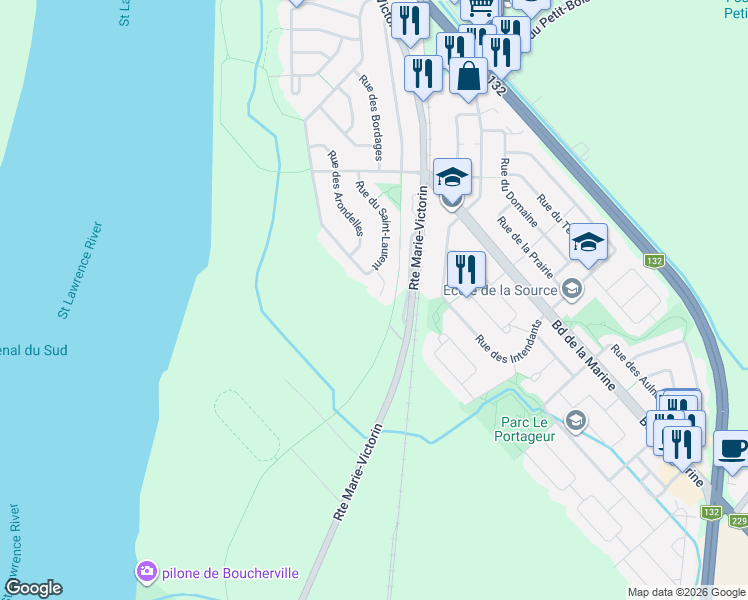 map of restaurants, bars, coffee shops, grocery stores, and more near 520 Place du Saint-Laurent in Varennes