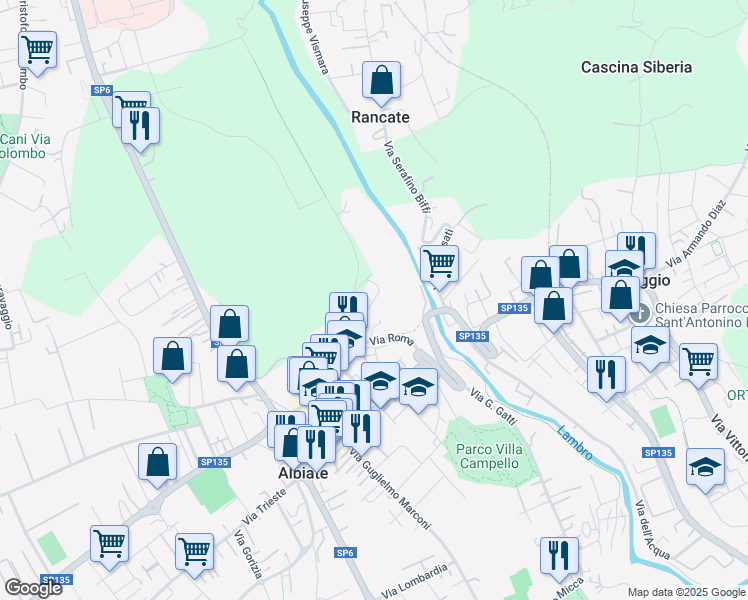 map of restaurants, bars, coffee shops, grocery stores, and more near 7 Via Malpensata in Albiate