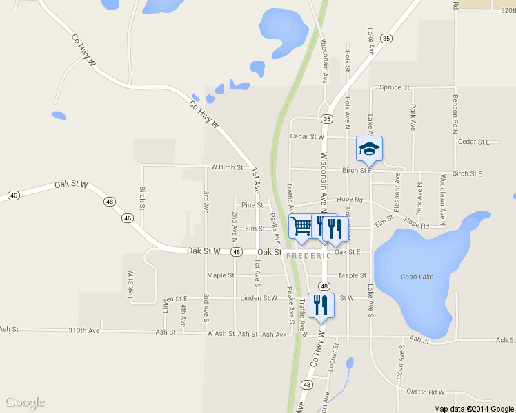 map of restaurants, bars, coffee shops, grocery stores, and more near 408 1st Avenue North in Frederic