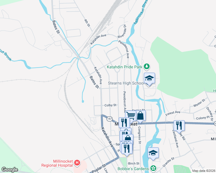map of restaurants, bars, coffee shops, grocery stores, and more near 154 Maine Avenue in Millinocket