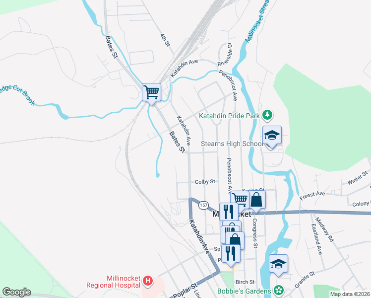map of restaurants, bars, coffee shops, grocery stores, and more near 69 Bates Street in Millinocket