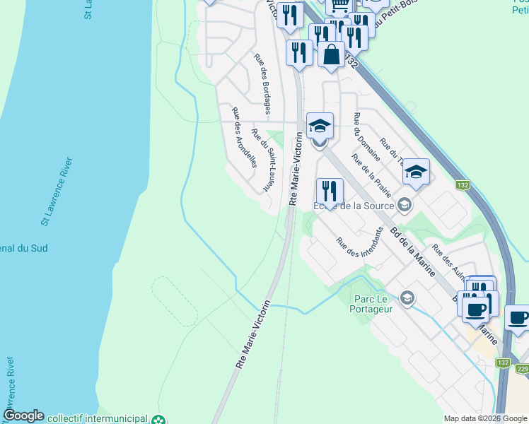 map of restaurants, bars, coffee shops, grocery stores, and more near 520 Place du Saint-Laurent in Varennes