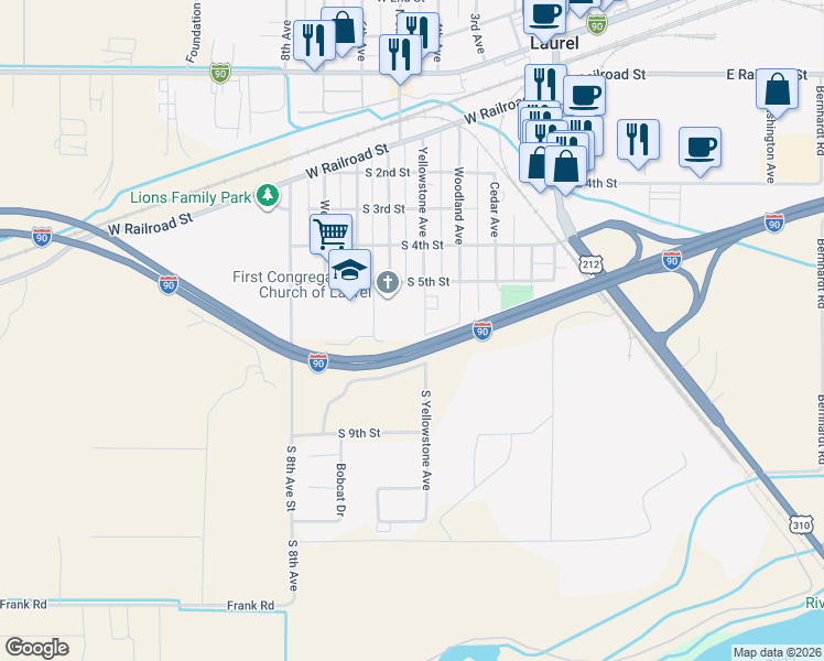 map of restaurants, bars, coffee shops, grocery stores, and more near 598 Yellowstone Avenue in Laurel