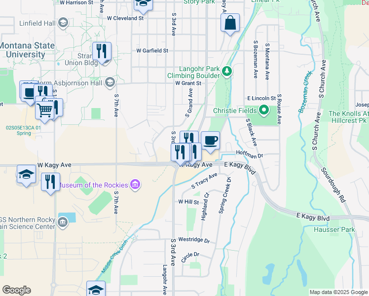 map of restaurants, bars, coffee shops, grocery stores, and more near 1721 South Willson Avenue in Bozeman