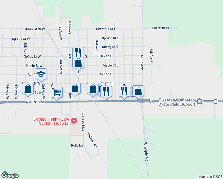 map of restaurants, bars, coffee shops, grocery stores, and more near 101-199 4th Avenue East in Sisseton