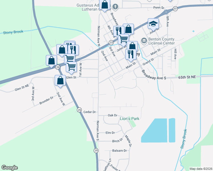 map of restaurants, bars, coffee shops, grocery stores, and more near 160 Main Street in Foley