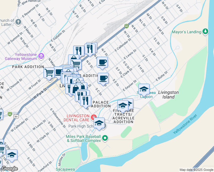 map of restaurants, bars, coffee shops, grocery stores, and more near 227 S D St in Livingston
