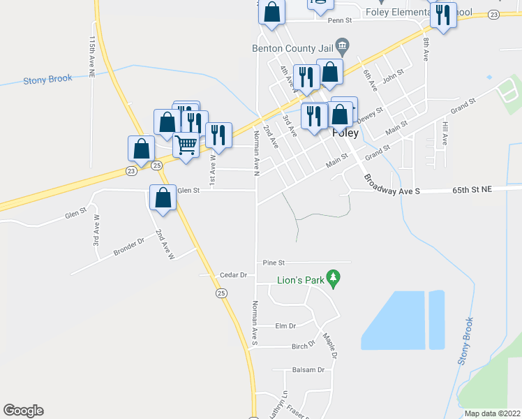 map of restaurants, bars, coffee shops, grocery stores, and more near 150 Main Street in Foley