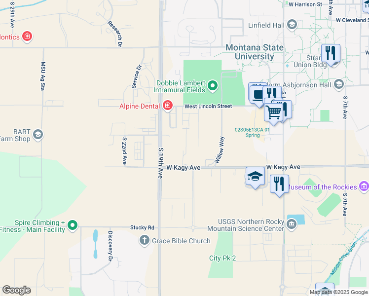 map of restaurants, bars, coffee shops, grocery stores, and more near 1779 West Kagy Boulevard in Bozeman