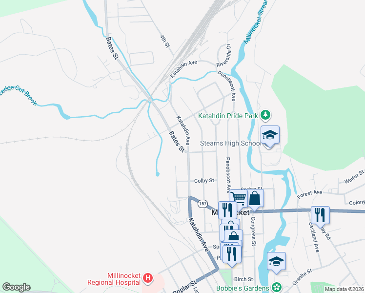 map of restaurants, bars, coffee shops, grocery stores, and more near 69 Bates Street in Millinocket