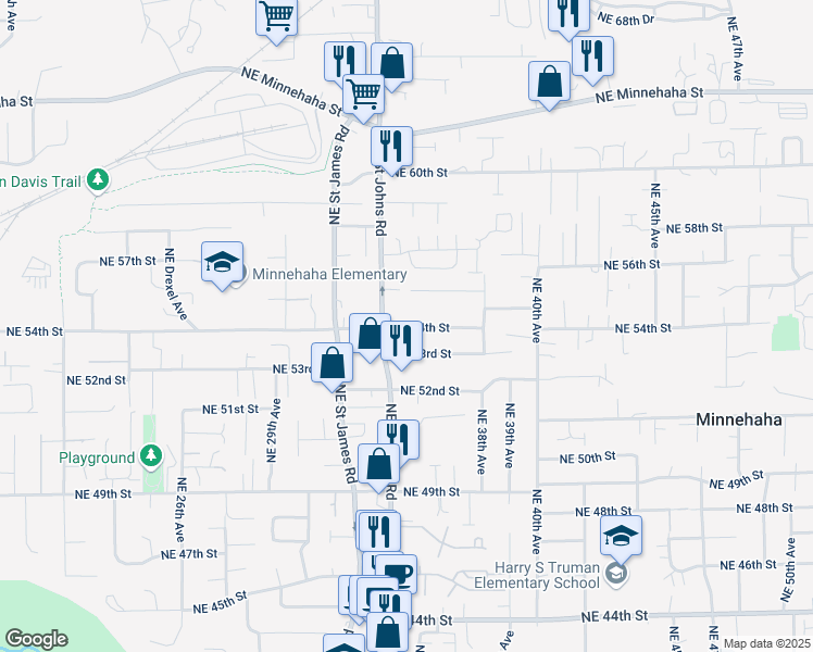 map of restaurants, bars, coffee shops, grocery stores, and more near 3417 Northeast 54th Street in Vancouver