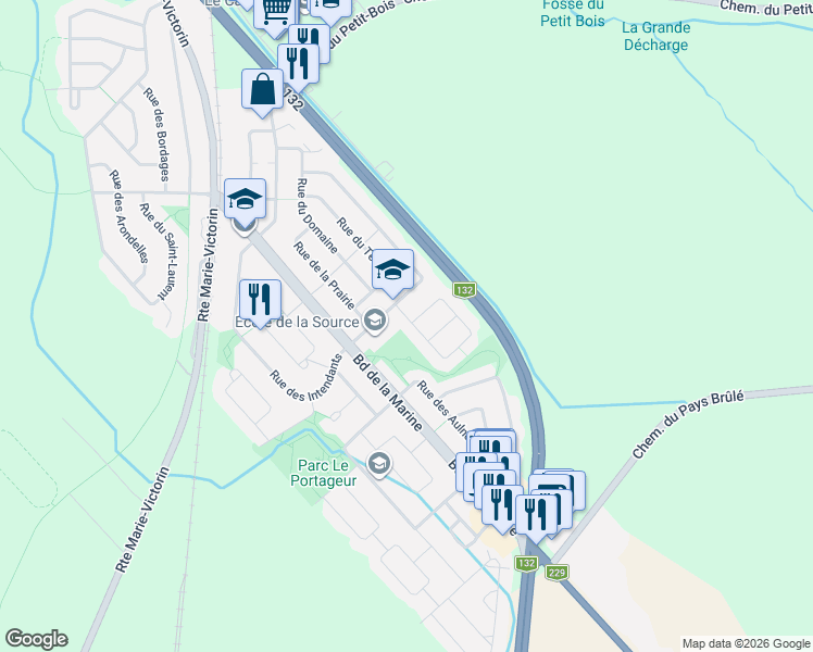 map of restaurants, bars, coffee shops, grocery stores, and more near 188 Rue des Semailles in Varennes