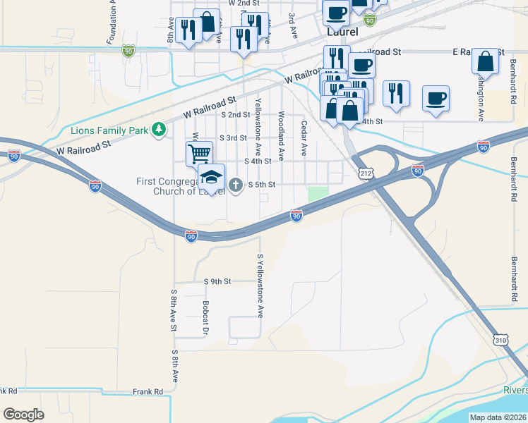 map of restaurants, bars, coffee shops, grocery stores, and more near 598 Yellowstone Avenue in Laurel