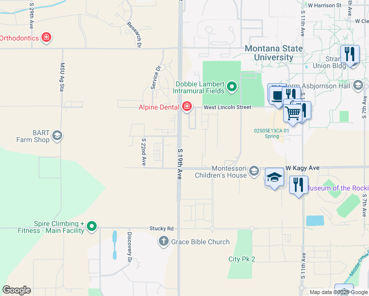 map of restaurants, bars, coffee shops, grocery stores, and more near 1724 South 19th Avenue in Bozeman