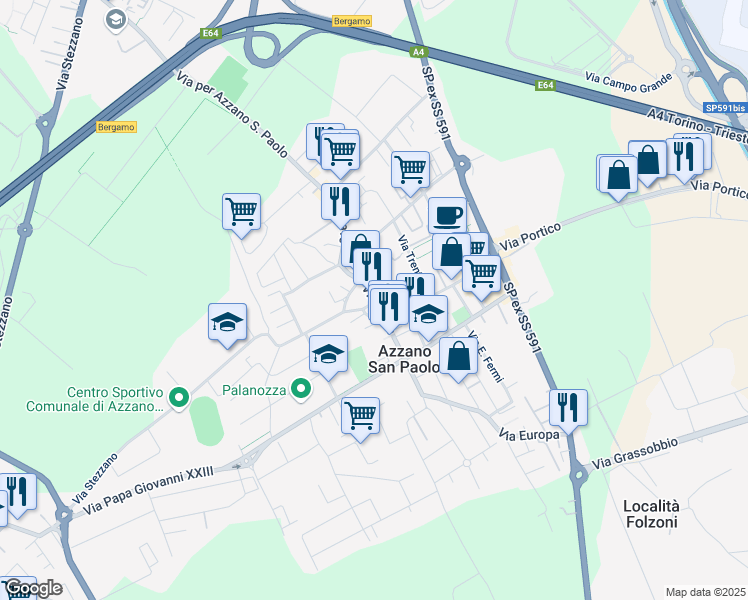 map of restaurants, bars, coffee shops, grocery stores, and more near 21 Via Roma in Azzano San Paolo