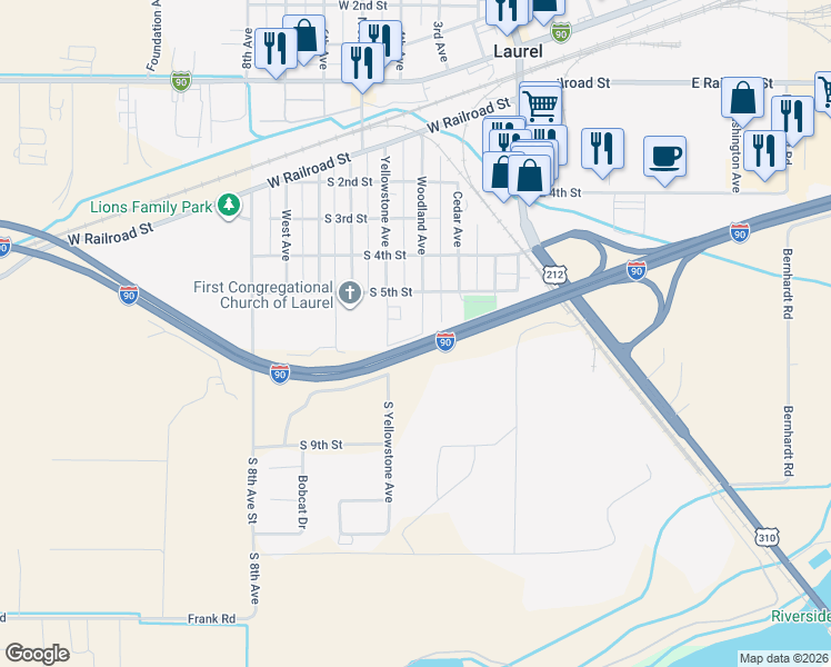 map of restaurants, bars, coffee shops, grocery stores, and more near 522 Woodland Avenue in Laurel