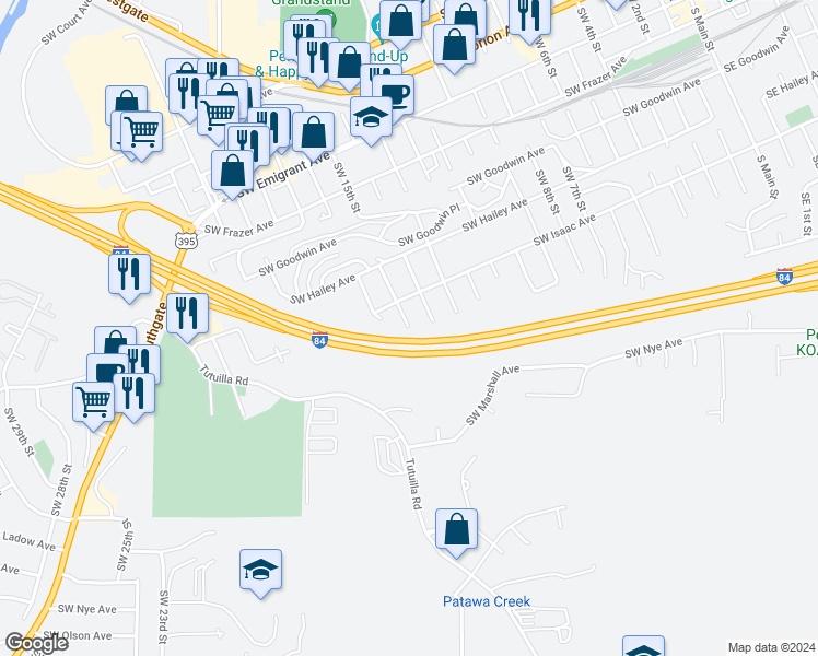 map of restaurants, bars, coffee shops, grocery stores, and more near 1700 Southwest 15th Street in Pendleton