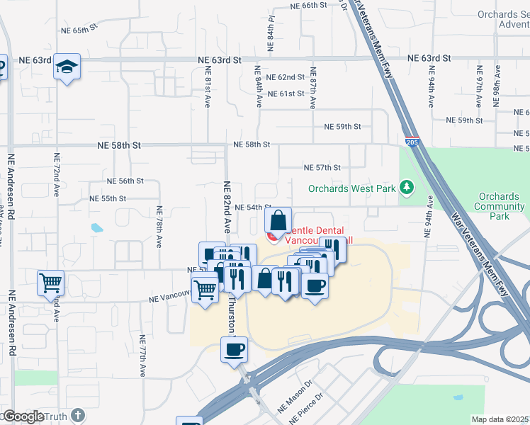 map of restaurants, bars, coffee shops, grocery stores, and more near 5314 Northeast 84th Loop in Vancouver