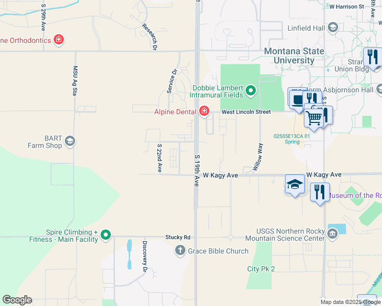 map of restaurants, bars, coffee shops, grocery stores, and more near 1755 South 19th Avenue in Bozeman