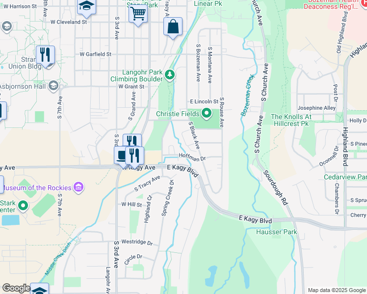 map of restaurants, bars, coffee shops, grocery stores, and more near 1701 South Black Avenue in Bozeman