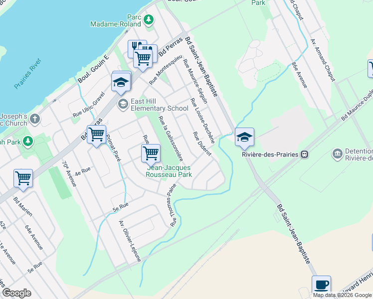 map of restaurants, bars, coffee shops, grocery stores, and more near 12308 Rue Voltaire in Montréal