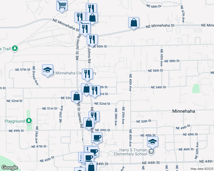 map of restaurants, bars, coffee shops, grocery stores, and more near 3606 Northeast 54th Street in Vancouver
